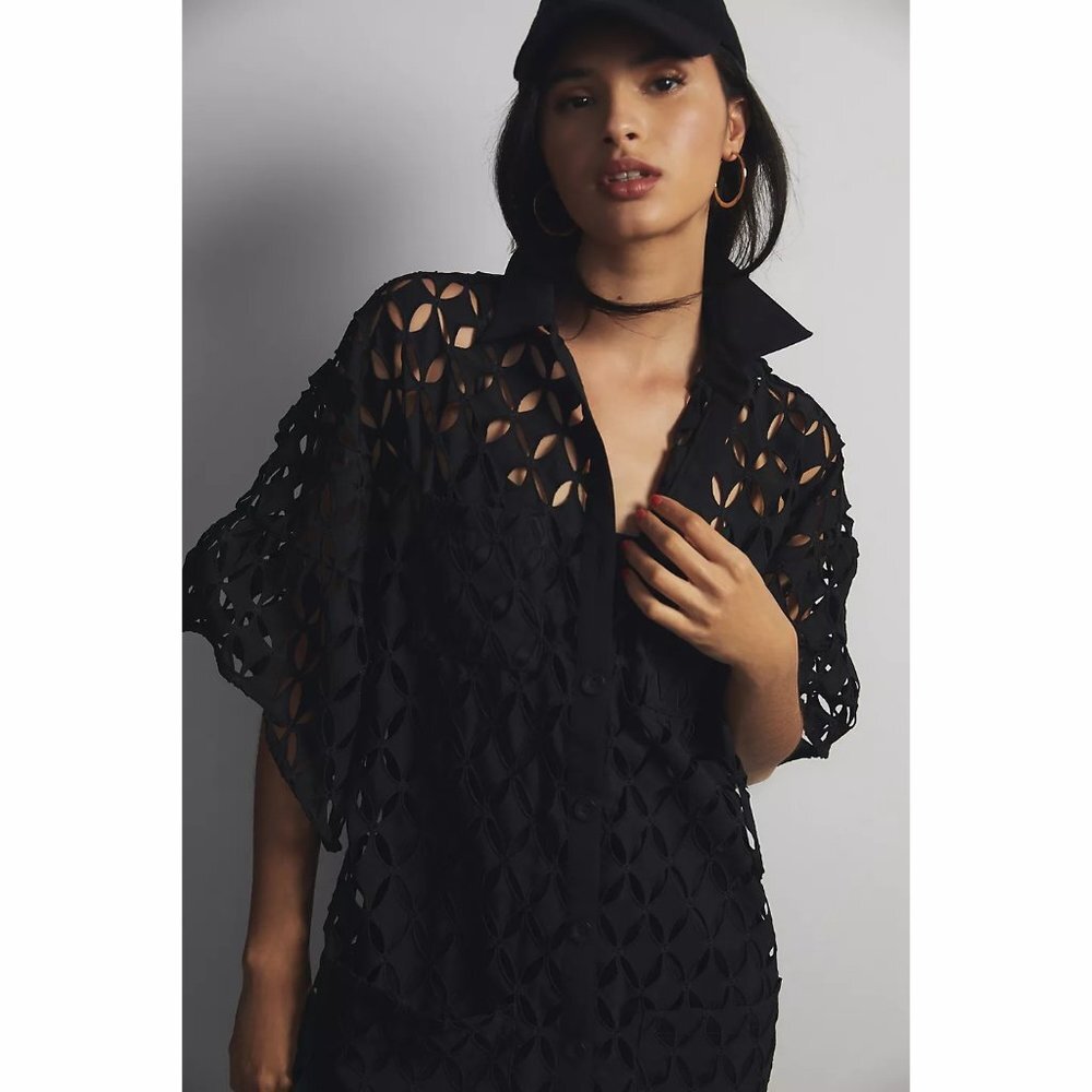 Anthropologie Eva Franco Black Cutwork Shirt Dress with Pockets and Bell Sleeves - Picture 3 of 4